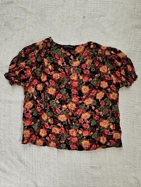 Cynthia Rowley Floral Pink Green Smock Sleeve Blouse Womens Small